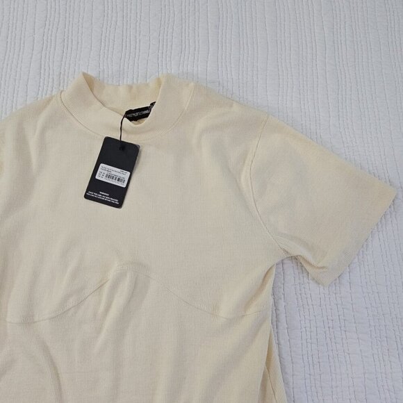 Pretty Little Thing Jersey Ribbed Bust Detail Bodycon Dress Size 16 Cream NWT - Picture 6 of 15